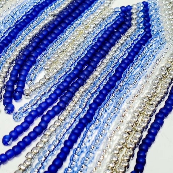 🌧 "Rain" Blue & Silver Fringe Seed Bead Earrings - Picture 4 of 6